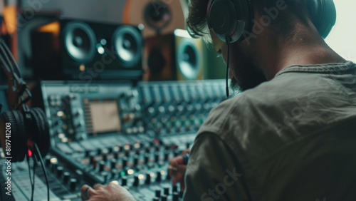 A sound engineer meticulously adjusts equipment in a modern recording studio setting.