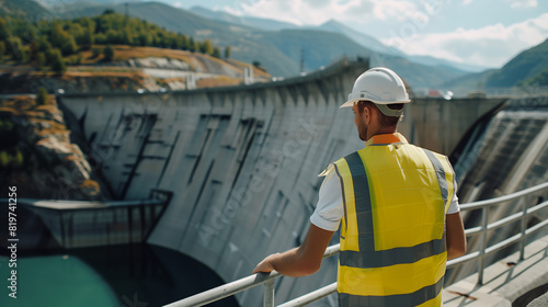 A man in a yellow vest stands on a bridge overlooking a river. He is wearing a hard hat and he is a construction worker. Concept of work and progress