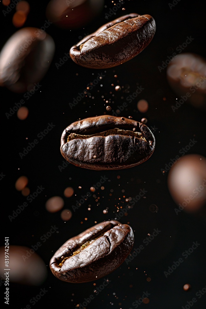 A hyperrealistic 8K image of levitating coffee beans against a black background A hyperrealistic 8K image of levitating coffee beans against a black background