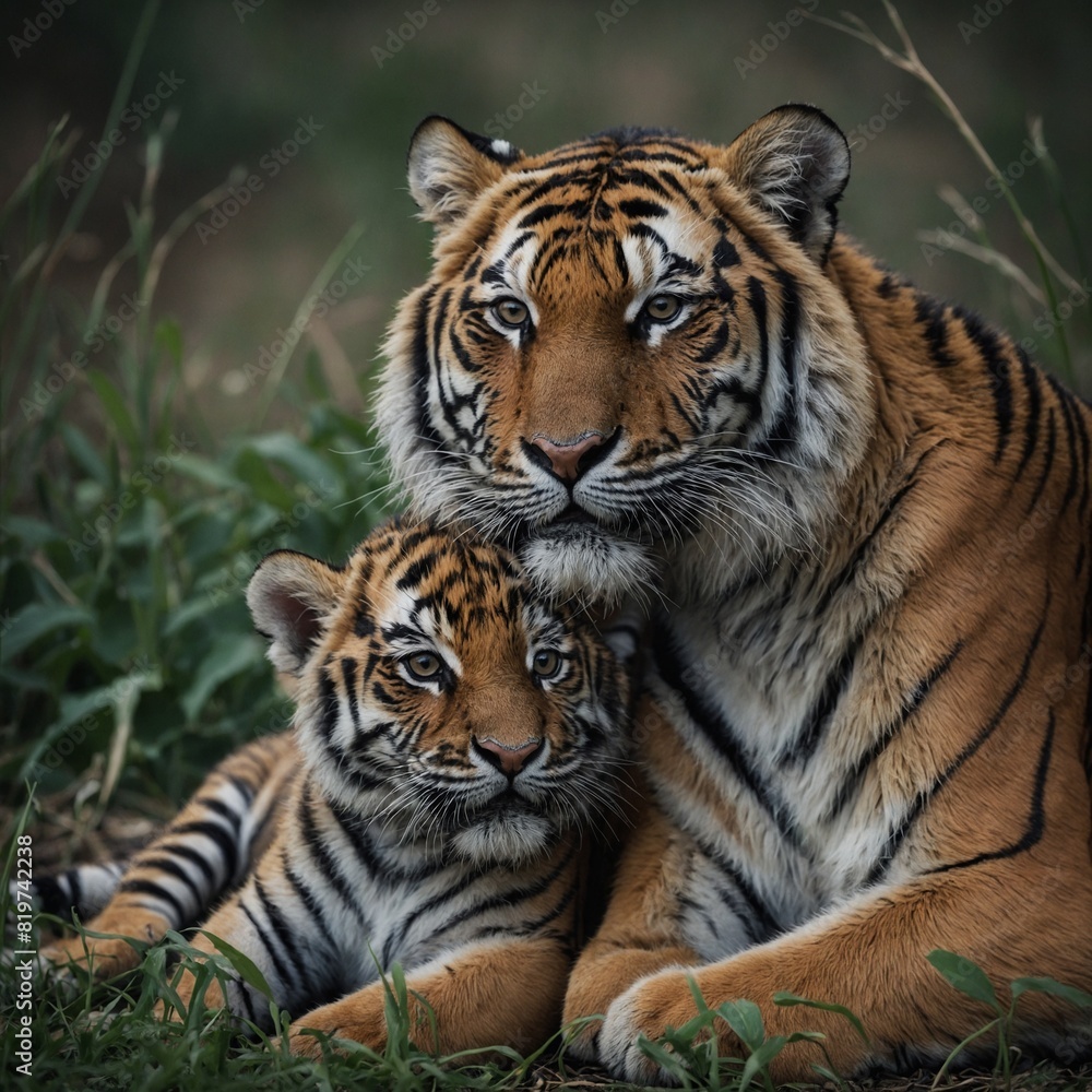 Obraz premium A tiger cub cuddled up to its mother's side for warmth and protection.