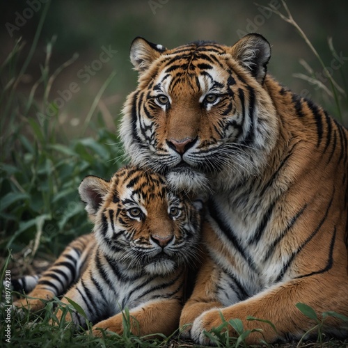 A tiger cub cuddled up to its mother s side for warmth and protection.  