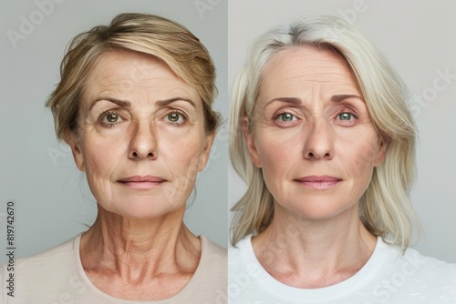 A mature woman full facial transformation before and after undergoing a comprehensive plastic surgery makeover