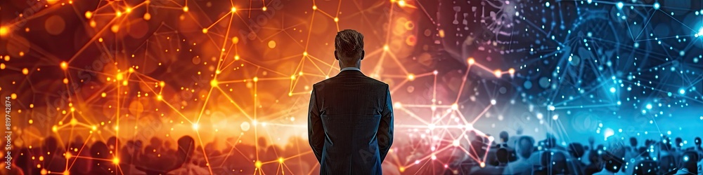 Fototapeta premium Businessman standing between digital worlds of red and blue network connections, representing technology and decision making.