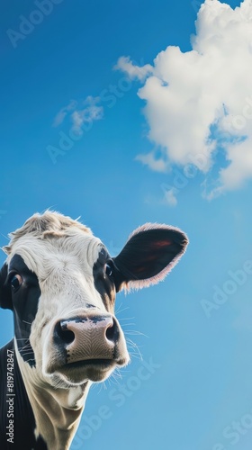Close-up of a black and white cow against a blue sky with fluffy clouds, capturing the curiosity and innocence of the animal.