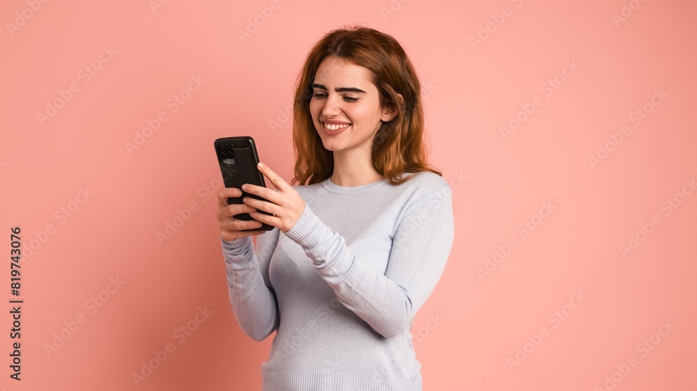 Happy young woman using smartphone in pink studio Happy young woman using smartphone in pink studio