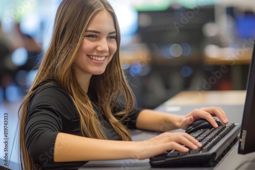 A young woman using an ergonomic wrist rest while typing on a computer keyboard with an emphasis on preventing strain injuries photo