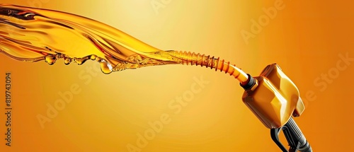 Close-up of fuel nozzle with flowing gasoline stream, representing fuel, energy, and technology on bright orange background.