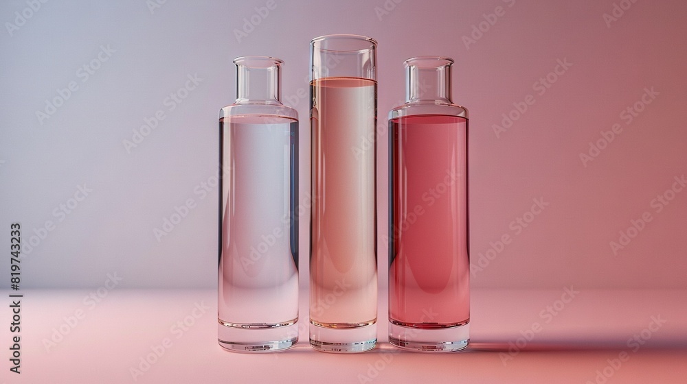 A set of three glass bottles rests atop a pink surface next to a pink wall A set of three glass bottles rests atop a pink surface next to a pink wall