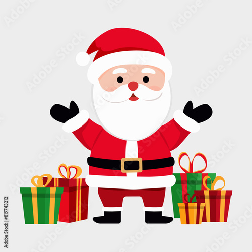 New Year Holiday character Santa Claus, happy Santa standing among Christmas gifts Isolated background Christmas design element. Vector illustration © Kamila