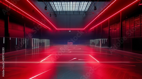 A modern multi-purpose sports hall with a football pitch and an illuminated LED floor. The hall is dark and only the red LEDs light up.