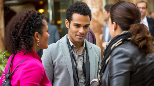 Group of cheerful positive diverse multiethnic people meeting and getting acquainted at casual business event.