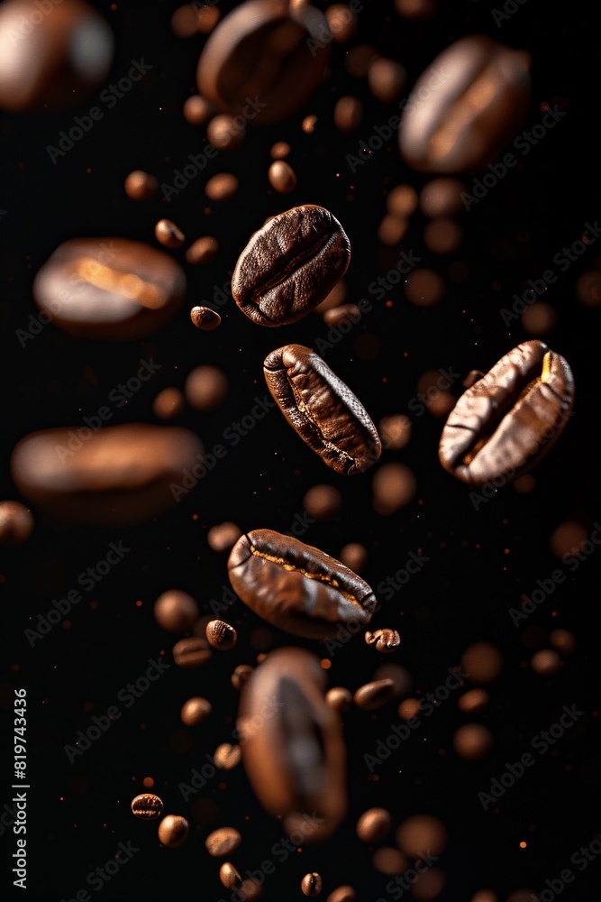 A hyperrealistic 8K image of levitating coffee beans against a black background A hyperrealistic 8K image of levitating coffee beans against a black background