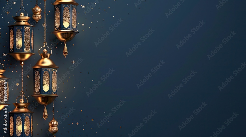 Elegant hanging lanterns with intricate designs casting warm light against a deep blue background, perfect for festive and religious celebrations. Elegant hanging lanterns with intricate designs casting warm light against a deep blue background, perfect for festive and religious celebrations.