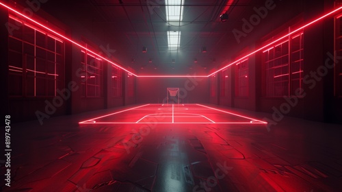 A modern multi-purpose sports hall with a football pitch and an illuminated LED floor. The hall is dark and only the red LEDs light up. photo
