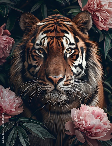 Dreamy Tiger Portrait with Pink Peonies and Greenery 