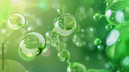 Green molecular structures representing scientific concepts like chemistry, biochemistry, and nanotechnology on a light bokeh background.