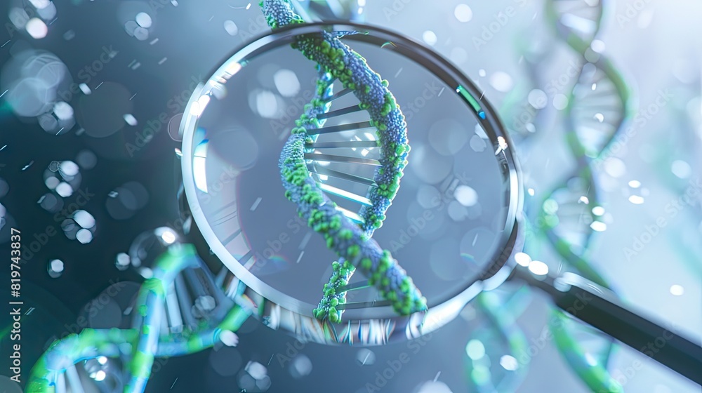 Naklejka premium Magnified DNA strand viewed through a magnifying glass, highlighting genetic research, biotechnology, and molecular biology concepts.