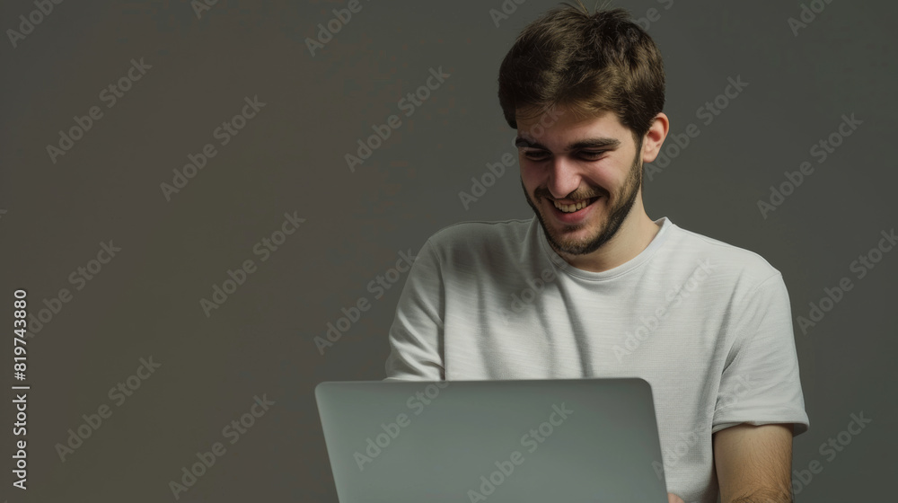 Young man enjoys content on laptop with a subtle, contented smile. Young man enjoys content on laptop with a subtle, contented smile.