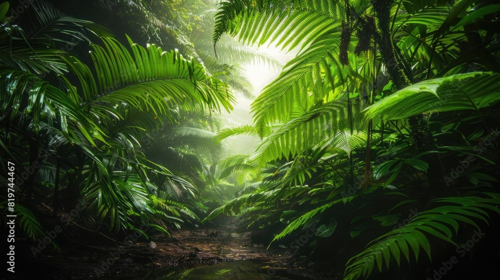 A lush green tunnel formed by overarching ferns in a dense tropical jungle, with sunlight filtering through the canopy A lush green tunnel formed by overarching ferns in a dense tropical jungle, with sunlight filtering through the canopy
