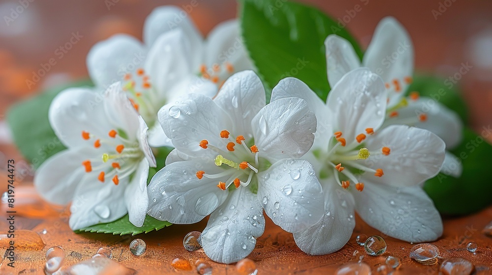 A group of white flowers rests atop a wooden table, surrounded by lush green foliage and scattered droplets of water A group of white flowers rests atop a wooden table, surrounded by lush green foliage and scattered droplets of water