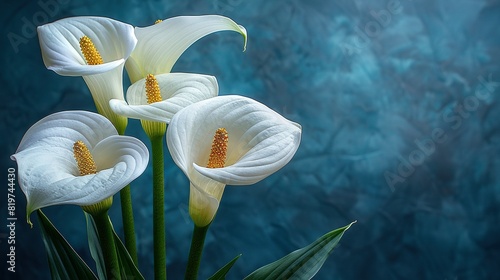  Three white flowers with yellow stamens are placed against a blue-gray backdrop featuring a prominent green stem in the foreground