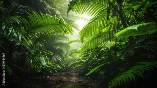 A lush green tunnel formed by overarching ferns in a dense tropical jungle  with sunlight filtering through the canopy