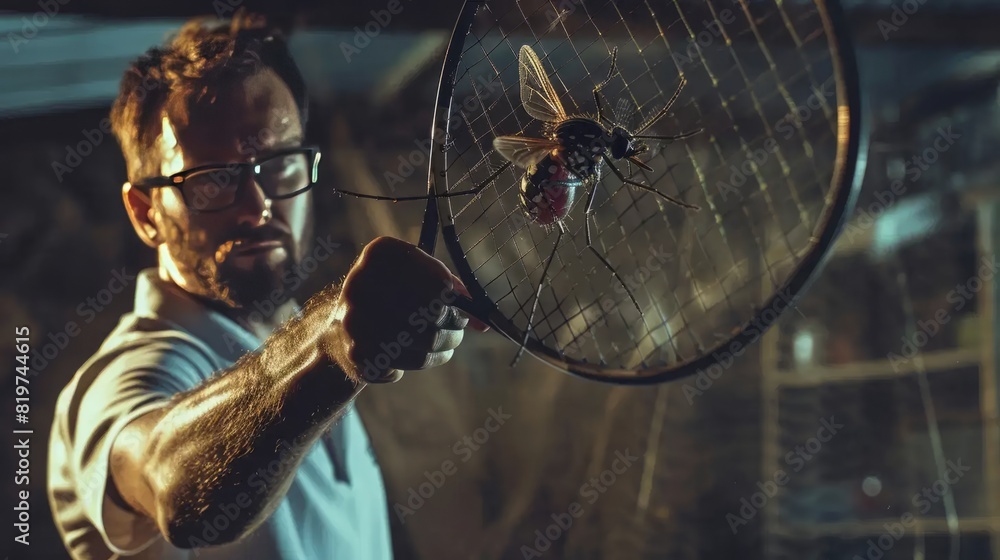 Swatting Insects with Racket Large Mosquitos Bees Flies, Zapping with ...