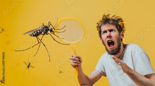 Swatting Insects with Racket Large Mosquitos Bees Flies, Zapping with pest control device