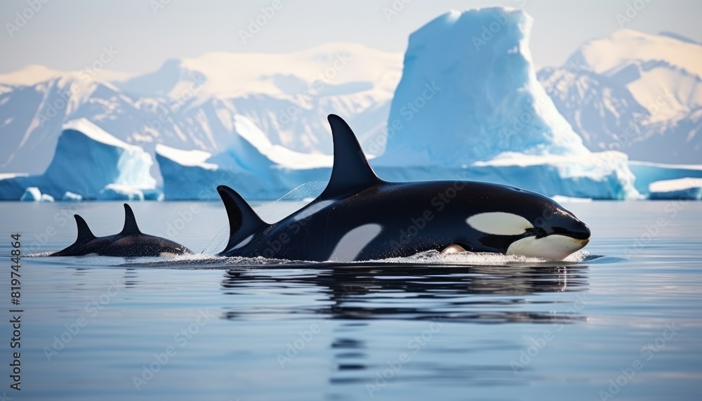 Fototapeta premium Groups of Orcas or killer whales swim and hunt for prey, the top of the food chain in a sea of ​​ice floes