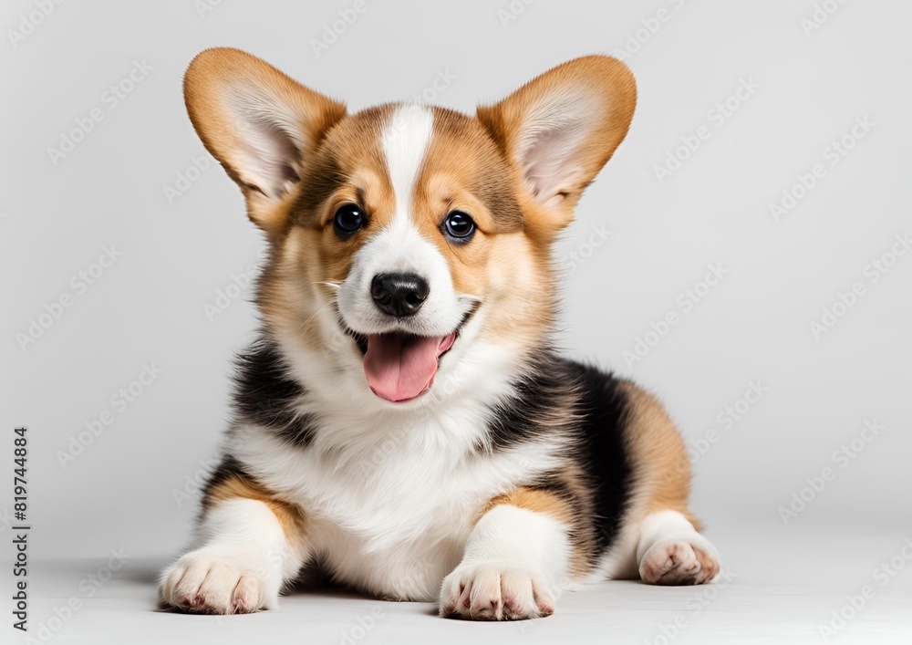 A cheerful 14-week-old Welsh Corgi puppy sits isolated on white. The dog winks and pants happily. A cheerful 14-week-old Welsh Corgi puppy sits isolated on white. The dog winks and pants happily.
