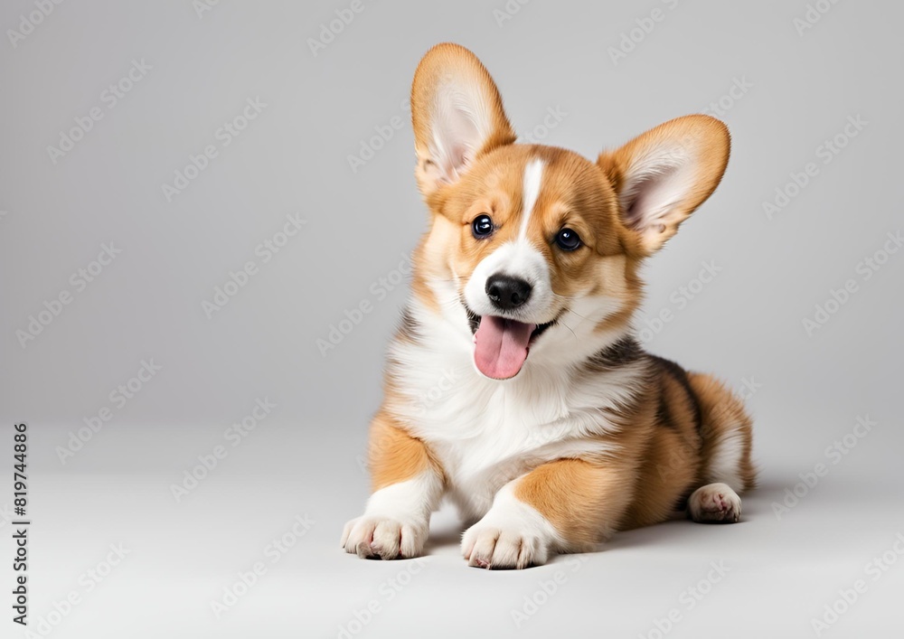A cheerful 14-week-old Welsh Corgi puppy sits isolated on white. The dog winks and pants happily. A cheerful 14-week-old Welsh Corgi puppy sits isolated on white. The dog winks and pants happily.