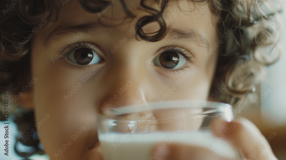 Curly-haired child transfixed by the simple joy of a milk glass.