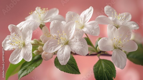  Flower close-up on branch, surrounded by leaves and blossoms against pink-white backdrop