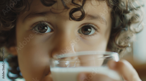 Curly-haired child transfixed by the simple joy of a milk glass. photo