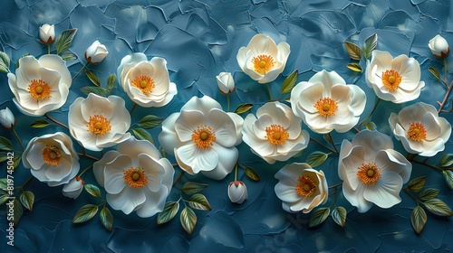   A cluster of snow-white blossoms resting atop an azure background, adorned with foliage and flora amongst their pedals