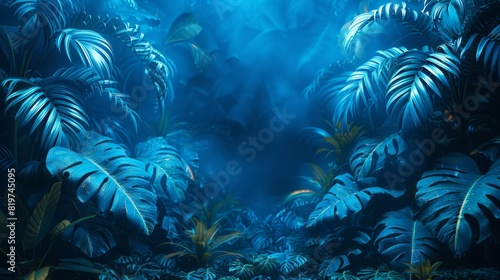 Blue leaves on light background with tropical leaves