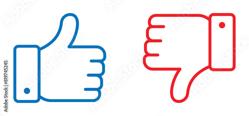 like and unlike button. thumbs up and down outline button for good or bad feedback. vector symbol on transparent background.