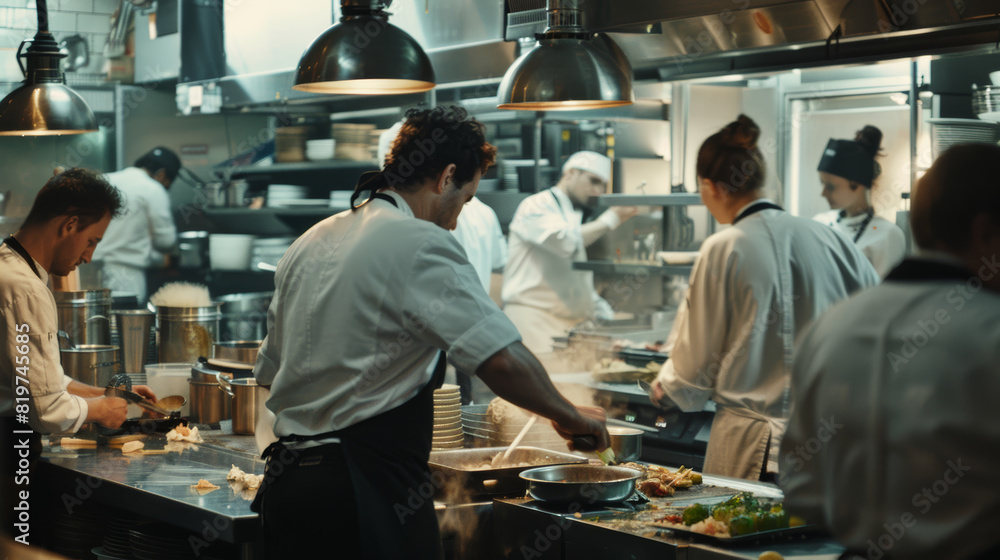 Busy chefs and cooks working in a bustling professional restaurant kitchen. Busy chefs and cooks working in a bustling professional restaurant kitchen.