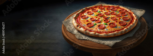 Pepperoni pizza, cut into pieces, dark background. Traditional Italian cuisine. AI generated.