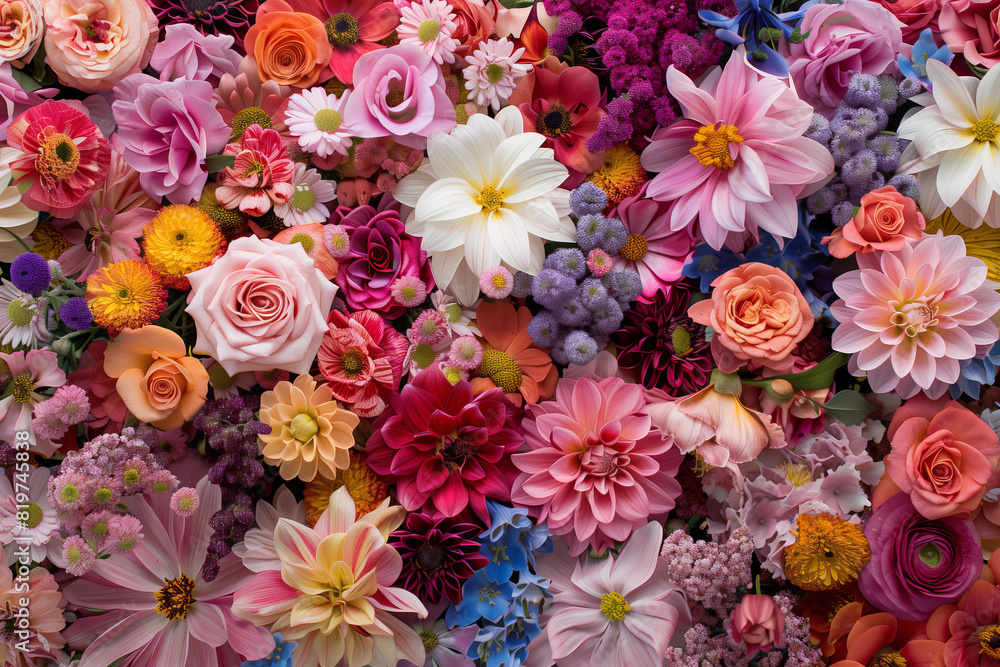  colorful and diverse flowers pattern , pink background, Floral wallpaper design botanical print fabric, Springtime or summer celebration, Feminine aesthetic