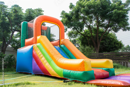 Inflatable bounce house water slide in the backyard, inflatable slide for children's entertainment on the grass, generative ai