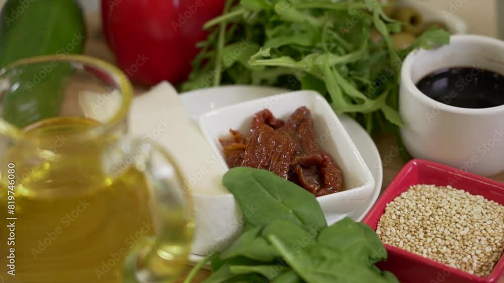 Different fresh vegetables, greens and cheese as ingredients