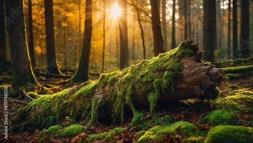 Morning rays illuminate a moss-covered log in a serene forest