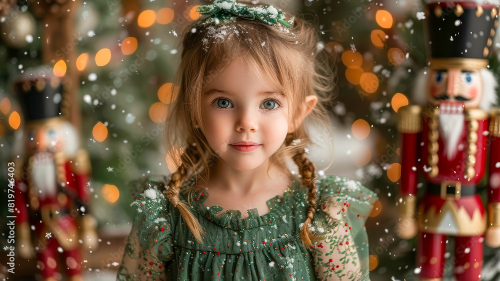 Adorable little girl with plaits stays in the middle of a room decorated for Christmas, nutcrackers on background Adorable little girl with plaits stays in the middle of a room decorated for Christmas, nutcrackers on background