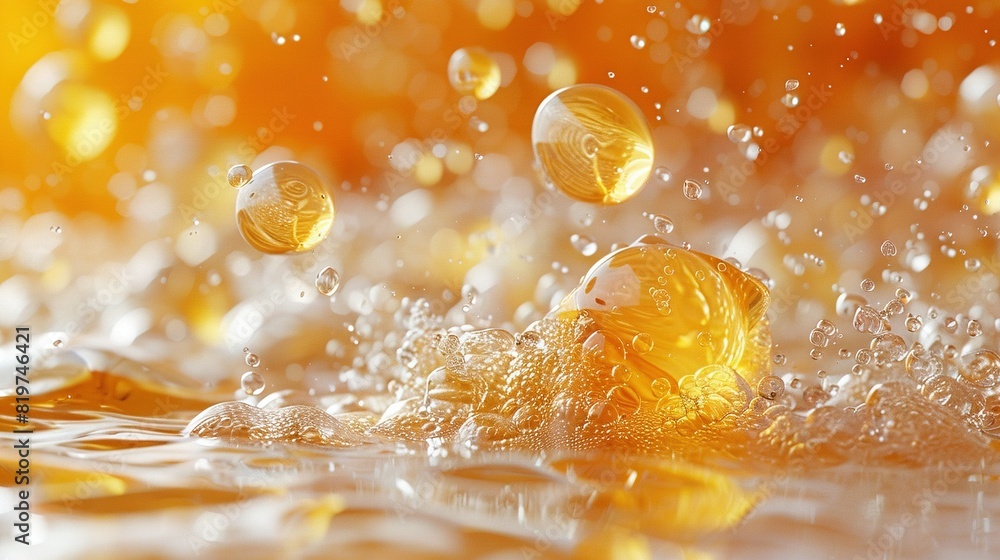Group of bubbles floating on water in front of orange-yellow backdrop with water droplets Group of bubbles floating on water in front of orange-yellow backdrop with water droplets