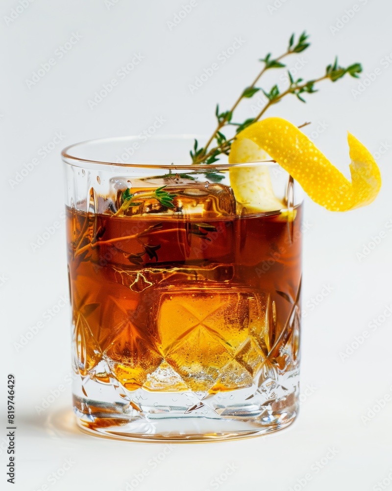 Whiskey Cocktail with Lemon Peel Isolated on a White Background. Generative AI. Whiskey Cocktail with Lemon Peel Isolated on a White Background. Generative AI.