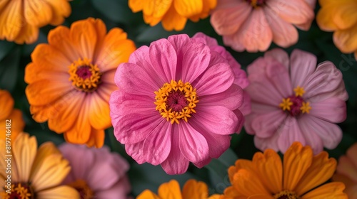  A pink flower, surrounded by orange and pink blooms, with a leafy background