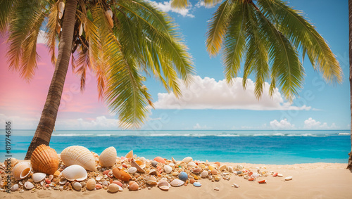 a beach scene. There is a palm tree with green leaves and brown coconuts in the upper right corner.