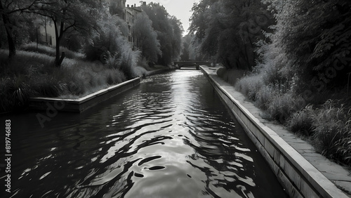 The image features a canal with reflective water in a lush urban garden in black and white, conveying serenity photo