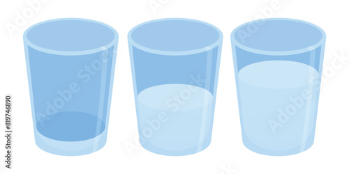 Full, half and empty Glass of Milk illustration icon set. Milk drink glass vector set. Milk glass. Milk icons